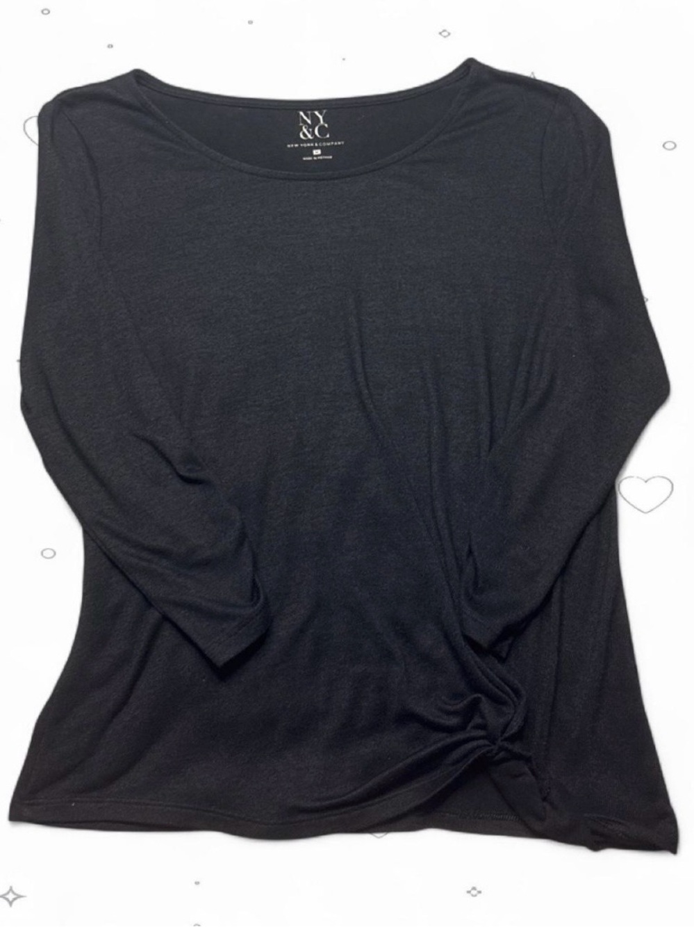 New York & Company Black Side Knot 3/4 Sleeve Knit Top Size M